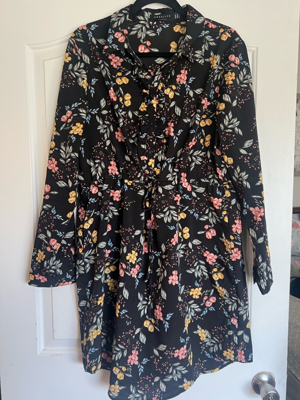 Angeleye Black Floral Long Sleeve Dress with Yellow and Pink Flowers